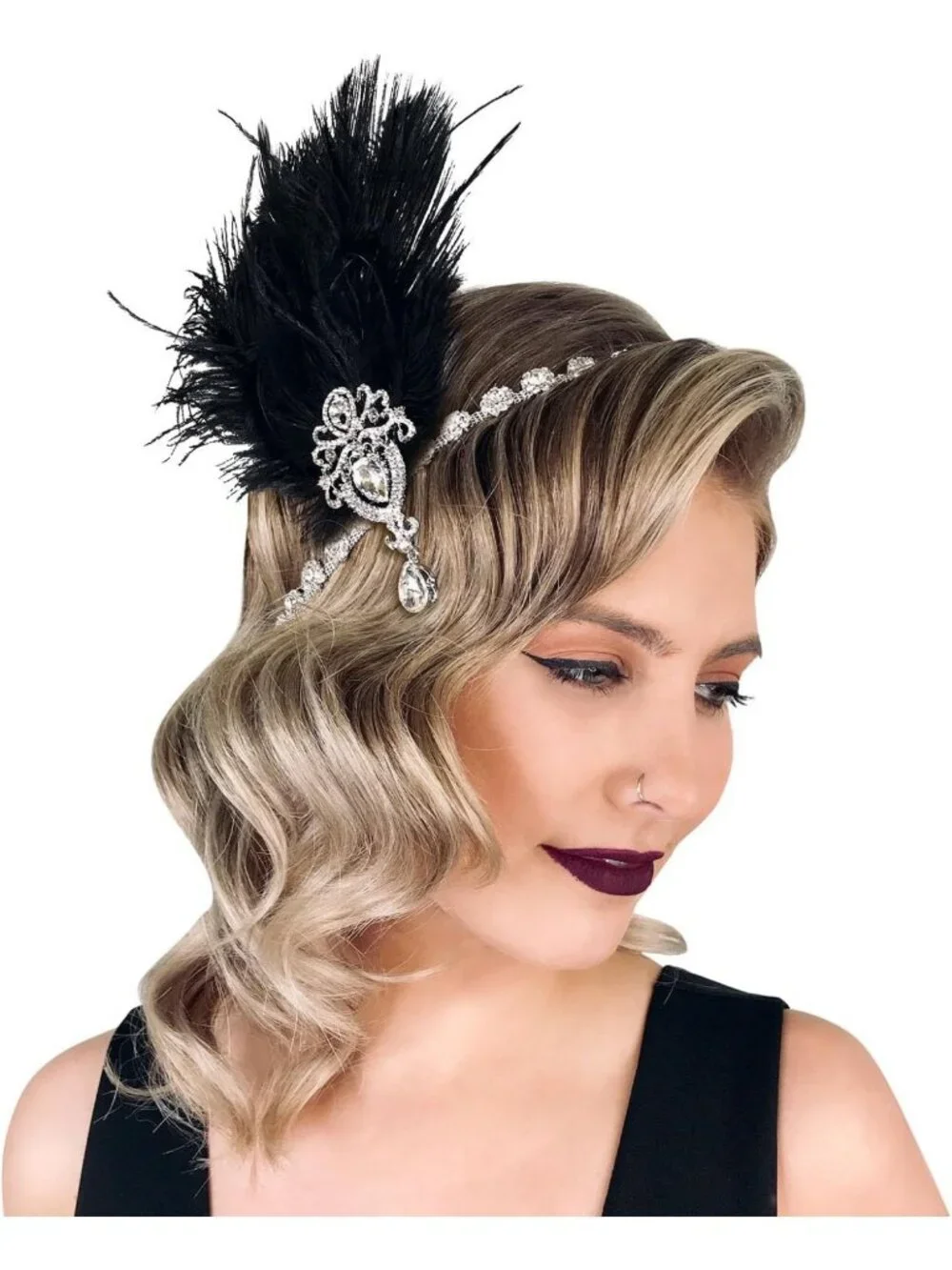1920s Black Feather Headband with Crystals | Great Gatsby Hair Accessory for